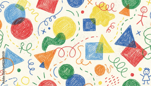 Funky crayon drawn geometric shapes and lines. Colorful pencil or chalk drawn naive Swiss design aesthetic. Basic geometric shapes, dots, playful pattern, primitive forms and figures