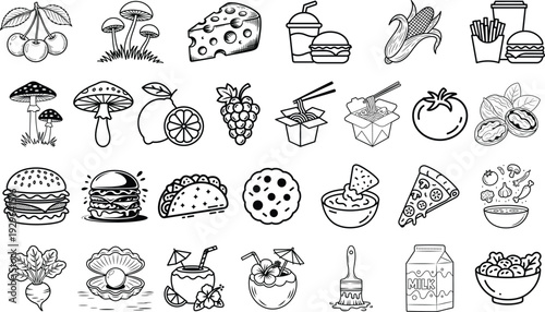 Collection of handdrawn food and drink icons fruits, vegetables, fast food, cheese, and desserts in sketch style