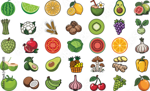 Collection of various fruits and vegetables icons in pixel art style