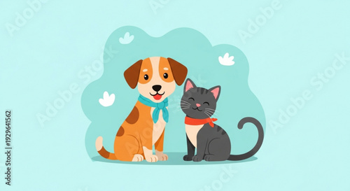 Friendly dog and cat sitting together with colorful scarves on