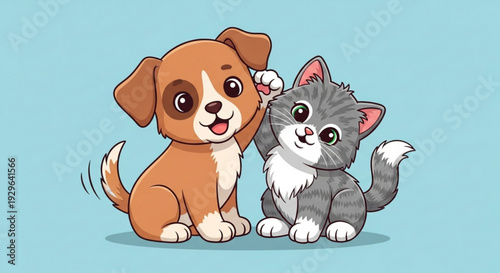 Friendly dog and cat sitting together on blue background