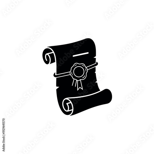 Elegant black silhouette of a rolled scroll tied with a ribbon and sealed with wax, representing documents, history, and awards.