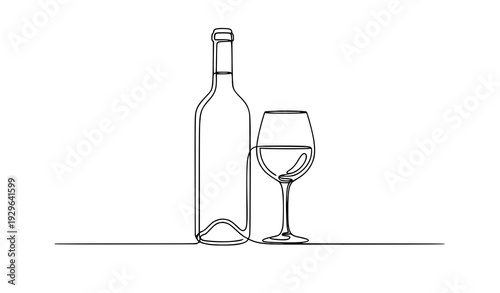 Minimal Continuous Line Wine Bottle and Glass Elegant Vector Outline on White