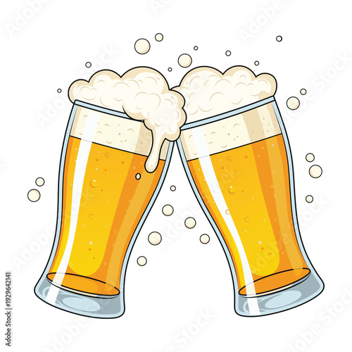 Two glasses of beer clinking in a toast with foam and bubbles