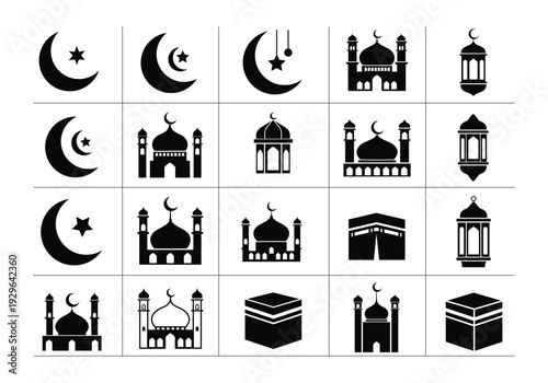 Islamic icons set crescent moon, star, mosque, kaaba, and lantern symbols