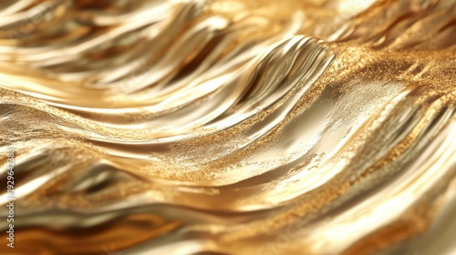 Abstract golden liquid texture with shimmering particles and flowing waves, representing luxury and wealth.