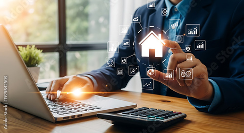 Professional leveraging a cutting-edge digital platform for smart real estate management and future property investment analysis