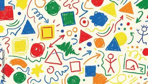 Funky crayon drawn geometric shapes and lines. Colorful pencil or chalk drawn naive Swiss design aesthetic. Basic geometric shapes, dots, playful pattern, primitive forms and figures