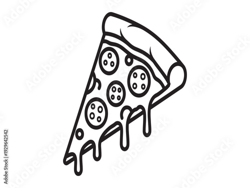 A black and white illustration of a slice of pepperoni pizza with melted cheese