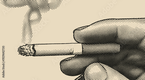 hand holding burning cigarette in vintage halftone style