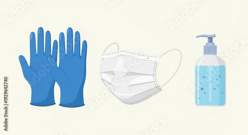 Protective gear for health and safety including gloves mask and hand sanitizer