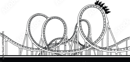 Roller coaster silhouette illustration, thrilling amusement park ride with loops, adrenaline theme, black outline vector design background isolated white backdrop