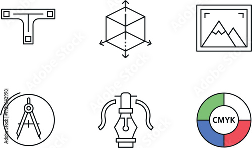 Print design and creative layout line icon set with CMYK color system geometry tools and image editing
