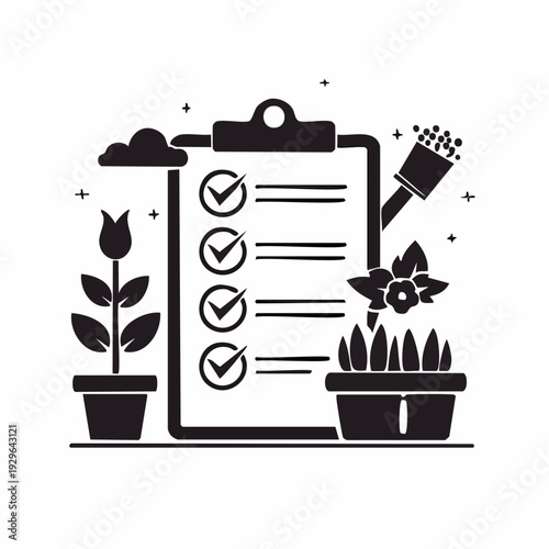 Gardening checklist with plants and watering can illustration, representing tasks and care for plants and flowers