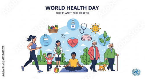 World health day illustration with people exercising and healthy living icons