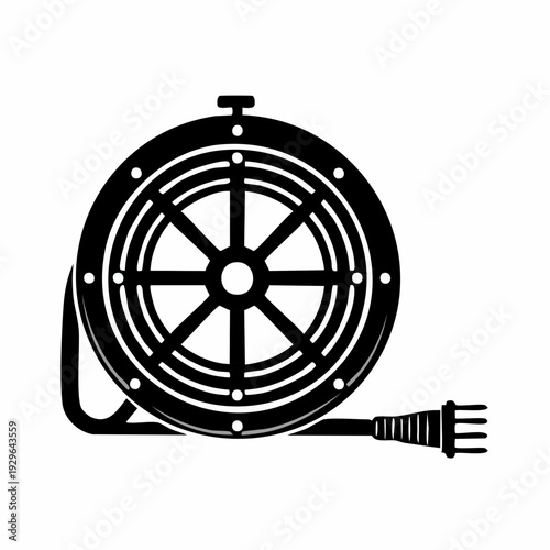 Retro circular winch with a coiled cable and electrical plug, symbolizing industrial power and vintage technology