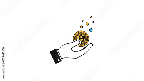 Outlined hand delicately holds a gold Bitcoin coin as colorful particles rise from it signifying the value and magic of cryptocurrency.