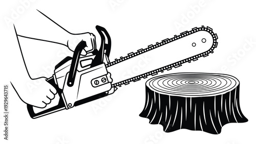 Powerful hands operate a large chainsaw to cut a piece from a thick wooden tree stump in a detailed black and white line illustration.