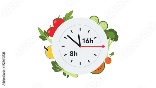 Clock positioned on a white plate is surrounded by fresh vegetables and fruits to illustrate the concept of intermittent fasting and healthy eating.