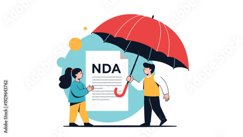 Two people holding a giant NDA document under a large red umbrella symbolizing confidential data protection and legal safety.