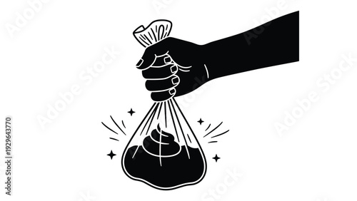 Black and white silhouette illustration of a hand holding a plastic bag containing animal waste for hygiene and cleanliness.