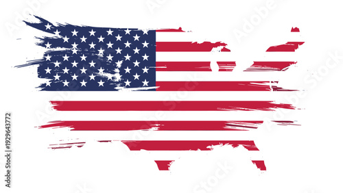 United States of America map shape filled with the stars and stripes flag in a textured artistic style for patriotic themes.