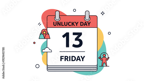 Colorful desk calendar showing Friday the 13th marked as unlucky day with playful icons and shapes for superstitions.
