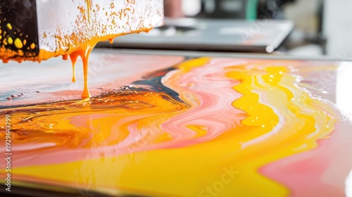 Close-up view of vibrant liquid ink in motion, creating abstract layered color patterns and smooth gradients