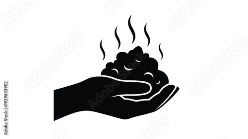 Silhouette of a hand holding a steaming pile of substance against a plain white background for simple conceptual projects.