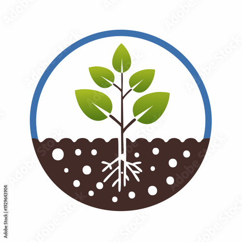 Green sprout with roots growing in fertile soil, symbolizing growth and life, within a blue circular frame indicating nature and sustainability