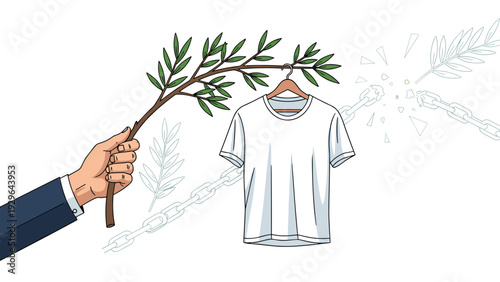 Hand holding a green olive branch next to a white t-shirt on a hanger with broken chains for peace and freedom concepts.