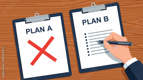 Concept of business strategy change and flexibility showing a hand writing on Plan B while Plan A is crossed out with a red X.