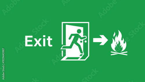 Satirical or dangerous green emergency exit sign depicting a person running out of a door directly into a burning fire.