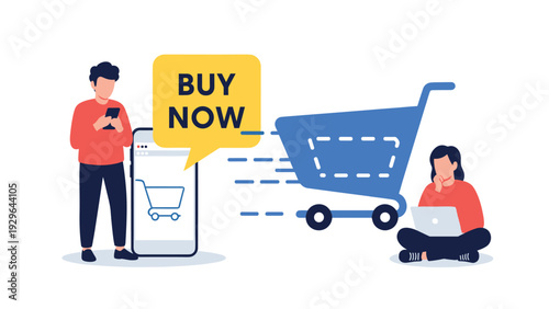 E-commerce concept showing people using a laptop and phone for online shopping with a giant blue cart and a buy now speech bubble.