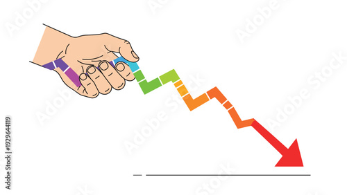 Business loss or economic crash concept showing a hand trying to hold onto a colorful arrow that is pointing down in steps.
