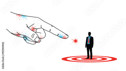 Scapegoating or targeting concept showing a giant pointing hand aimed at a small silhouette of a businessman standing on a red target.