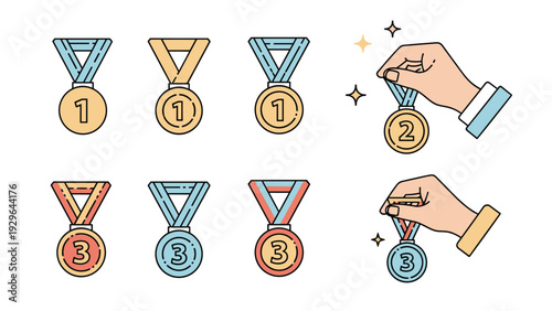 Success and competition concept showing various first second and third place medals with a hand selecting the winner awards.