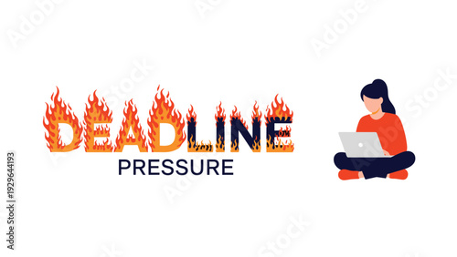 Work stress concept showing the words deadline pressure engulfed in fire flames with a woman working on her laptop nearby.