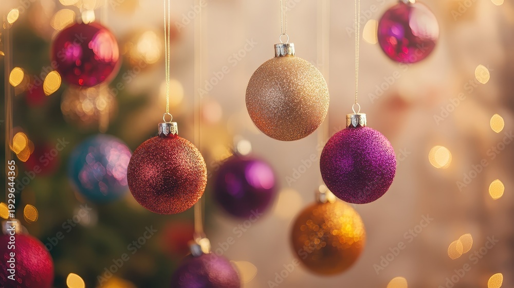 Obraz premium Festive Christmas ornaments in vibrant warm tones hanging decoratively from a modern chandelier during an indoor celebration