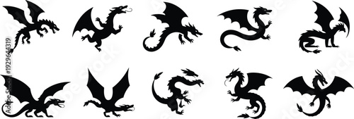 Collection of mythical dragon silhouettes in various flying and sitting poses, isolated black icons, silhouette flat vector illustration, fantasy