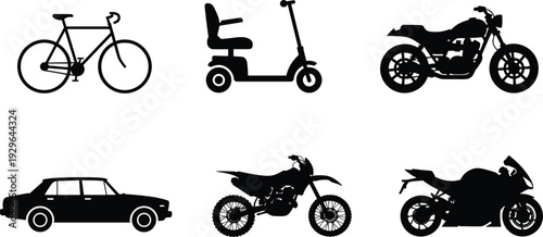 Vehicle silhouette set, bicycle scooter motorcycle car vector collection isolated black transport icon illustration bundle modern design