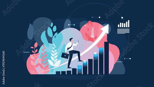 Ambitious businessman climbs a growing bar chart reaching for higher success and financial growth in a creative flat vector illustration.