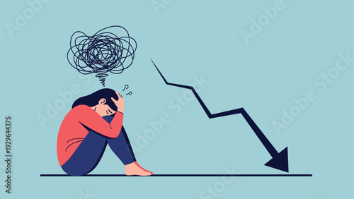 Stressed woman sits in despair as a downward trending line illustrates financial loss, economic crisis, or personal failure and depression.