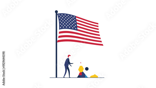 Small figure stands proudly beneath a large waving American flag representing national pride, patriotism, and the spirit of the United States.