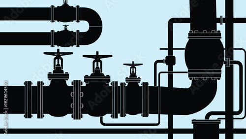 Silhouetted industrial piping system featuring multiple valves and connections is shown against a pale blue background for engineering concepts.