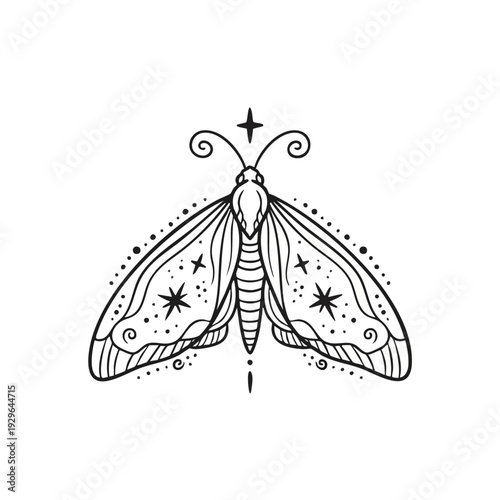 A mystical butterfly with celestial elements and swirling patterns in a black and white illustration