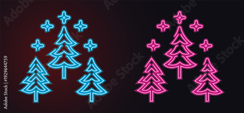 Neon Christmas Tree Icon Set with Star – Colorful Glowing Holiday Symbols, Outline neon Christmas tree icon. Glowing neon Christmas tree with star and plump rounded shape, Neon Christmas tree star