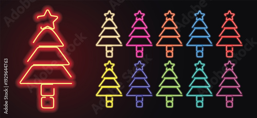 Neon Christmas Tree Icon Set with Star – Colorful Glowing Holiday Symbols, Outline neon Christmas tree icon. Glowing neon Christmas tree with star and plump rounded shape, Neon Christmas tree star