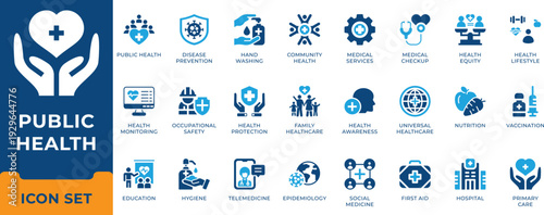 Global public health epidemiology community medicine and hygiene prevention vector icon set