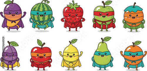 Cute Kawaii Fruit Superhero Characters Collection Featuring Strawberry Watermelon Apple and Orange Wearing Capes and Masks for Healthy Food Nutrition and Kids Design